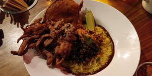 Coconut lime kichuri, with pakora thingies at Flyover Fritterie & Chai Bar in Redfern