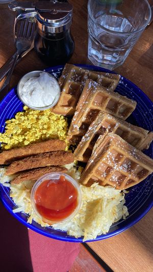 Waffle deluxe with chicken instead of sausage  at The Grain Cafe in Redondo Beach