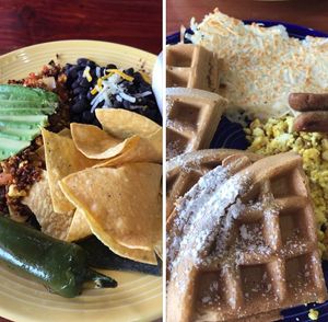 Waffle special & Chilaquiles plate.   at The Grain Cafe in Redondo Beach