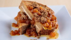 Vegetarian peach strussel stuffed french toast - not able to be vegan or gluten free at The Spoon in Provo