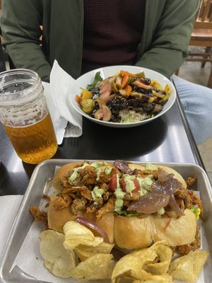 Fried Oyster Mushroom Po‘Boy and Asian Night Market Bowl at HeyO Eats in Mountain View
