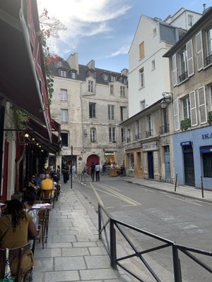 View from the terrace, looking toward la rue des Rosiers.   at Chez Marianne in Paris