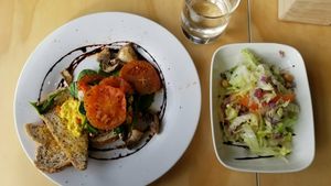 Tofu scramble with small side salad. at Barley in Palmerston North