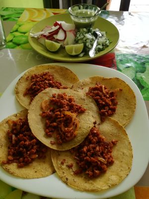 Self season chorisoy tacos 45 pesos at El Eden in San Cristobal De Las Casas