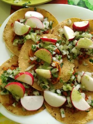 Yummy chorisoy tacos 45 pesos at El Eden in San Cristobal De Las Casas