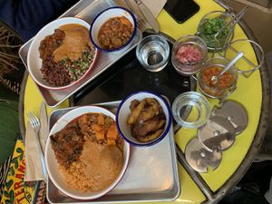 Delicious fufu with peanut sauce, rice, stew and plantains. at Teranga in New York City