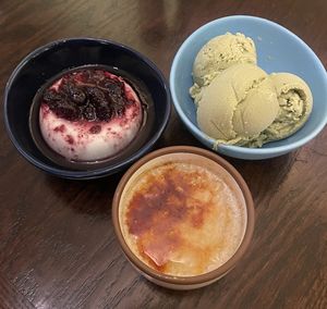 Trio of Desserts (PannaCotta with blueberry sauce, Matcha Ice Cream & Crème Brûlée)  at Thai Basil in Piscataway