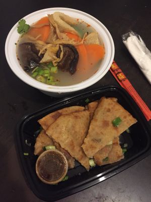 Rustic Herbal Veg Soup with Scallion pancakes at The Handpulled Noodle in New York City