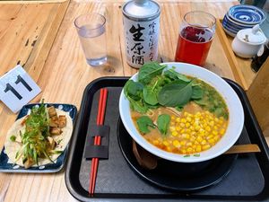 miso ramen with corn and Asian taco  at Kayo's Ramen Bar in Portland