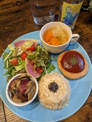 Soy burger set menu at Neu Cat Cafe in Osaka