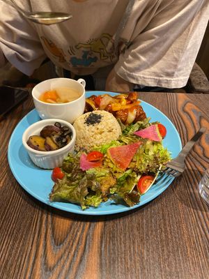 Sweet and sour soy based protein   at Neu Cat Cafe in Osaka