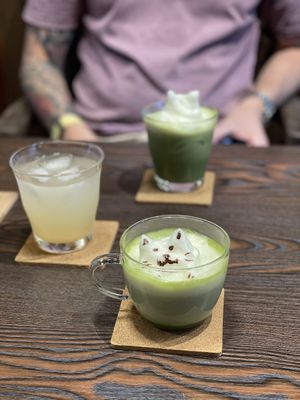 Hot matcha (iced in back)   at Neu Cat Cafe in Osaka