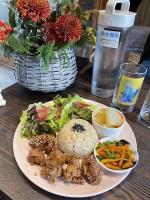 “Fried soy meat sweet sauce” set meal  at Neu Cat Cafe in Osaka