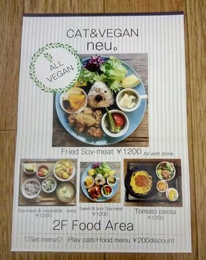 This is a leaflet for explanation in English with photos of the dishes. at Neu Cat Cafe in Osaka