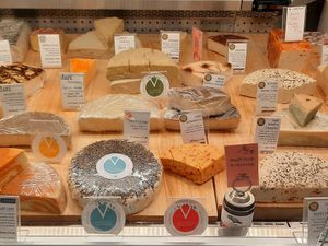 A closeup of some of the cheeses at Rebel Cheese in New York City