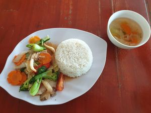Rice dish with veg and tofu at Thien Vien in Can Tho