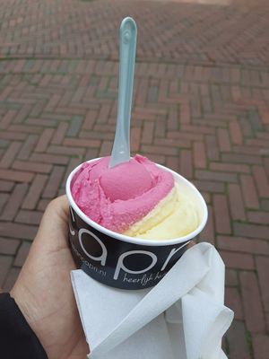 Dragon fruit flavour and pineapple flavour at IJssalon Capri in Zierikzee