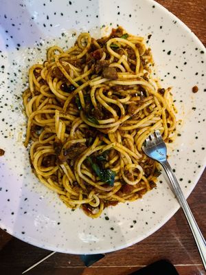 Spaghetti bolognese (made with lentils and mushrooms) delish!  at Bella Italia in Edinburgh
