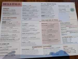 Menu at Bella Italia in Edinburgh