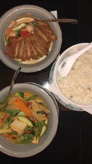 Duck in peanut sauce and Chicken in mango sauce at Vegan Chay in Munich