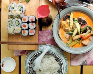 Sushi and curry soup with chicken at Vegan Chay in Munich