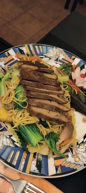 Duck on noodles at Vegan Chay in Munich