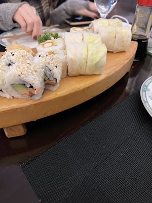 Two spring rolls (shrimp and salmon) and tuna avocado roll at Vegan Chay in Munich