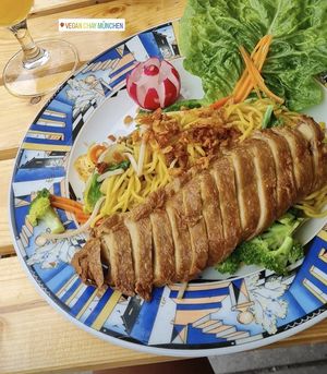 Vegan duck with noodles at Vegan Chay in Munich