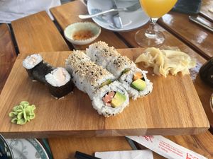 “Tuna” maki, “salmon and avocado and “prawn"  at Vegan Chay in Munich