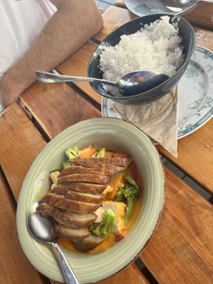 Crispy “duck” red curry and rice  at Vegan Chay in Munich