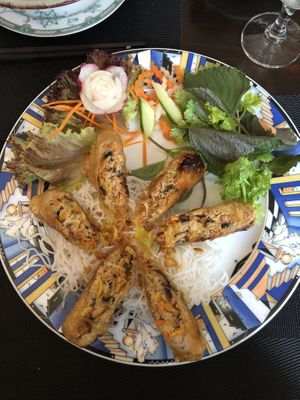 BUN CHA GIO CHAY. Spring rolls with rice noodles, salad and fresh herbs and coriander  at Vegan Chay in Munich
