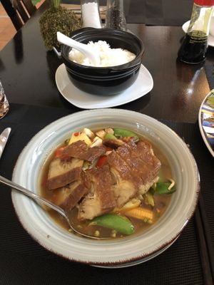 SOT CHUA NGOT. Pineapple, bean sprouts, vegetables, sweet sour sauce and mocked chicken (soy) at Vegan Chay in Munich