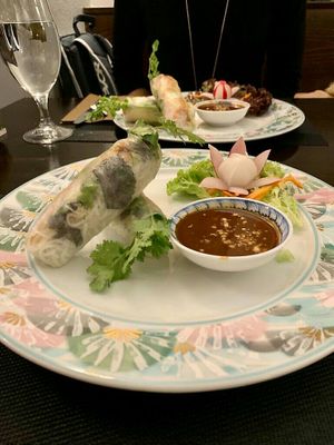 Spring rolls with tofu and vegan shrimps at Vegan Chay in Munich