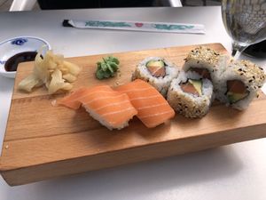 vegan salmon nigiri and tuna avocado rolls at Vegan Chay in Munich
