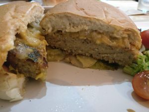 Burger with Cheddar cheese. at Melocotón Vegan Burger in Barcelona