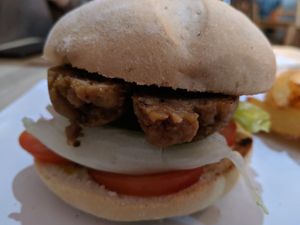 Chorizo burger at Melocotón Vegan Burger in Barcelona
