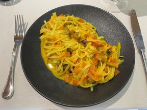 Gluten-free pasta (rise based) and vegan “carbonara” at Grotto Serta in Lamone