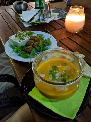 Sweet potato soup with side of falafel! at Stadtflair in Koblenz