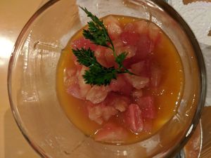 carrot jelly with tomato and grapefruit sauce
 at Cafe Tosca in Yokohama