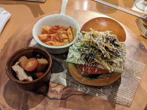 Vegetarian burger (has milk and egg), vegetarian marinated vegetables (has milk), soymeat sauce pasta at Cafe Tosca in Yokohama