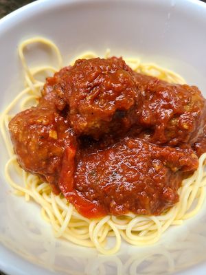 Spaghetti and vegan 'meatballs' at Hippea Camper in Huntsville