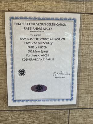 RAM Kosher & Vegan Certification (August 2023)  at Purely Juiced in Fort Lee