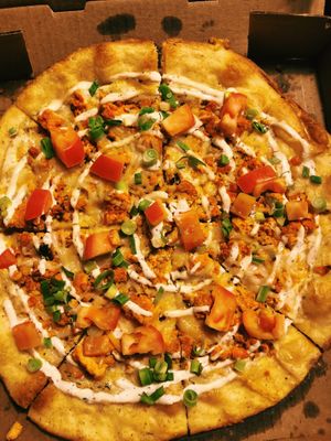 Buffalo tofu pizza at Brick Road Pizza Co in Grand Rapids