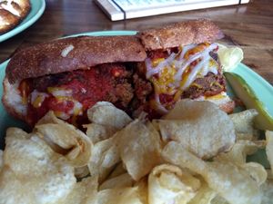 Classy lentil balls sandwich (vegan) at Brick Road Pizza Co in Grand Rapids