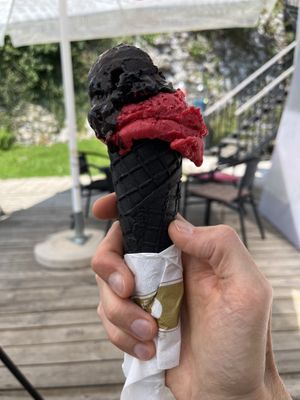 Vegan ice cream: dark chocolate and raspberry  at Kavarna Sladoledarna Magnus in Nazarje