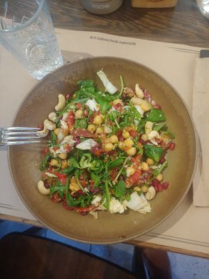 Only vegetables. 
Greens, dried tomatoes, nuts and seeds. at Euphoria Biergarten in Cluj-napoca