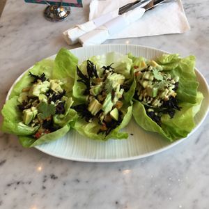 Hibiscus lettuce tacos  at Parakeet Cafe in Del Mar