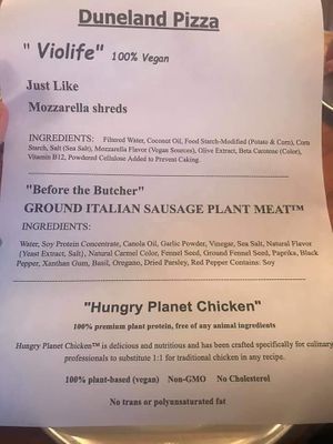 Vegan ingredients list at Duneland Pizza in Chesterton