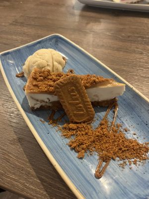 Biscoff cheesecake with vegan ice creamm  at Arbuckle's in Downham Market