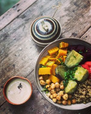 Homemade tahini with sweet potatoes quinoa Buddha bowls at Ellie's Cafe in Hoi An
